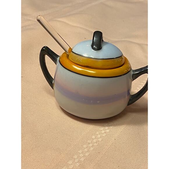 Morimura Porcelain Sugar Bowl, Lid & Glass Spoon Scenic design 2.75 in tall EUC - Picture 6 of 16